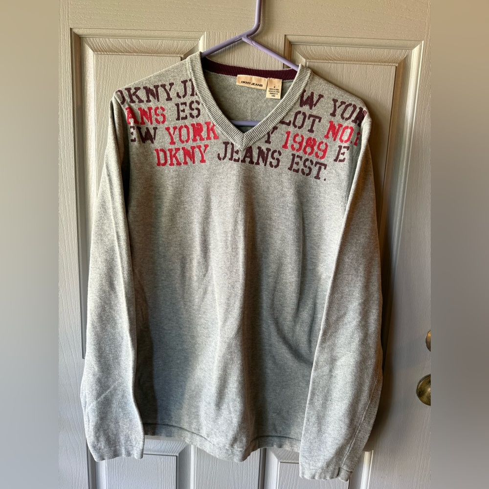 DKNY Light Gray V-Neck Sweater with Red and Burgundy Accents